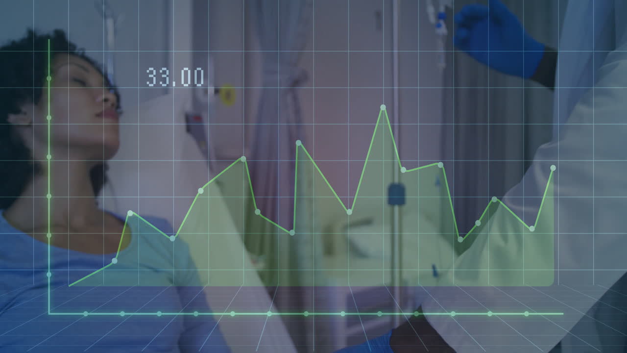 Male doctor adjusting IV line with blue gloves in hospital room, showing green data graph overlay