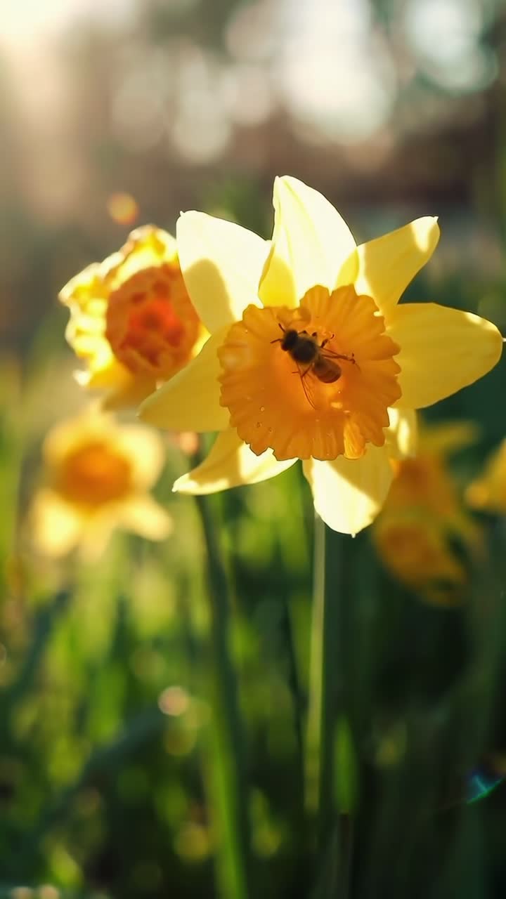 Close-up video of vibrant daffodils in sunlight, shot from a low angle for a dreamy effect