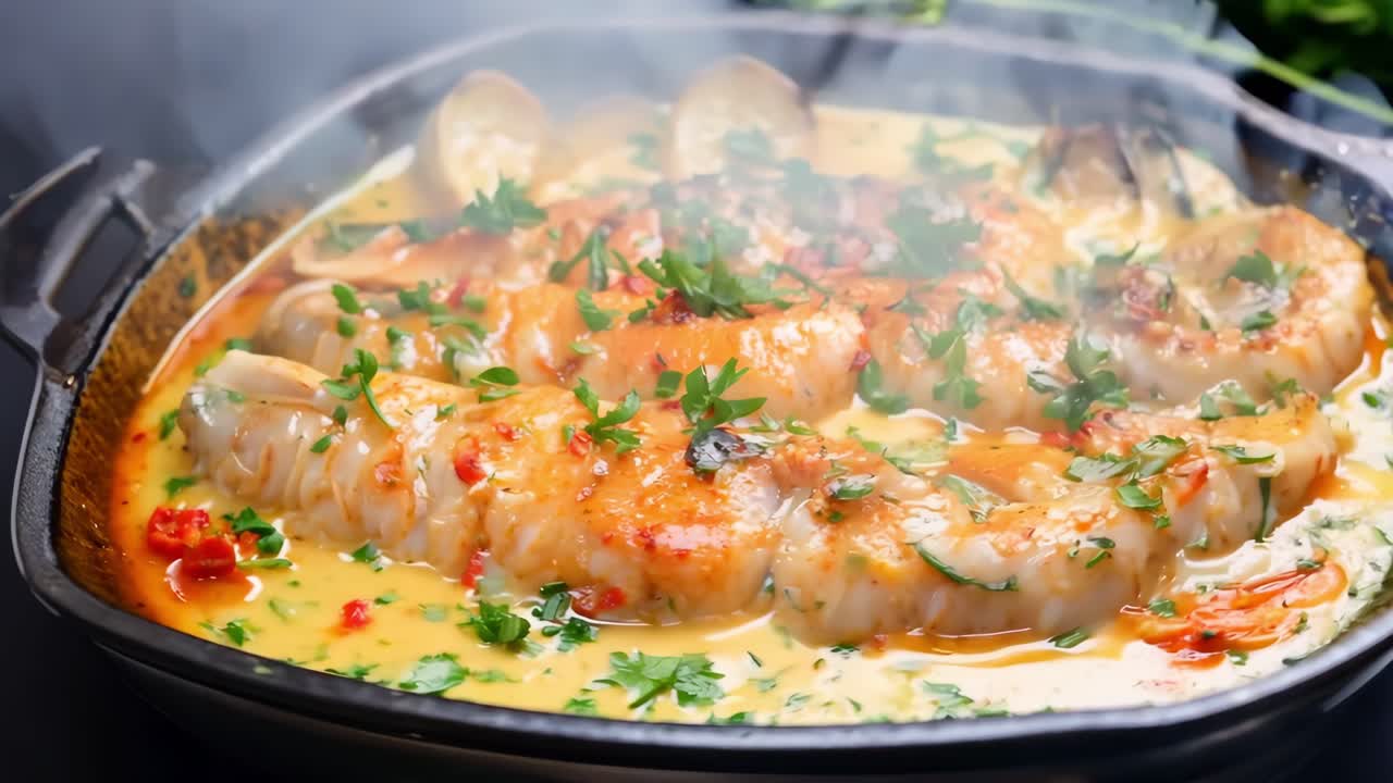 Gourmet fish fillet sizzling in creamy sauce, accompanied by tender potatoes and clams, garnished with vibrant parsley and spicy chili flakes, creating Mediterranean culinary perfection