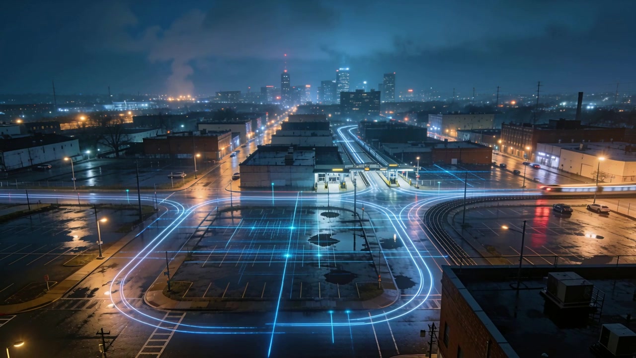 Linee guida blu si attivano guidando il tram, una vista dal tetto rivela una griglia luminosa e scie di luce.