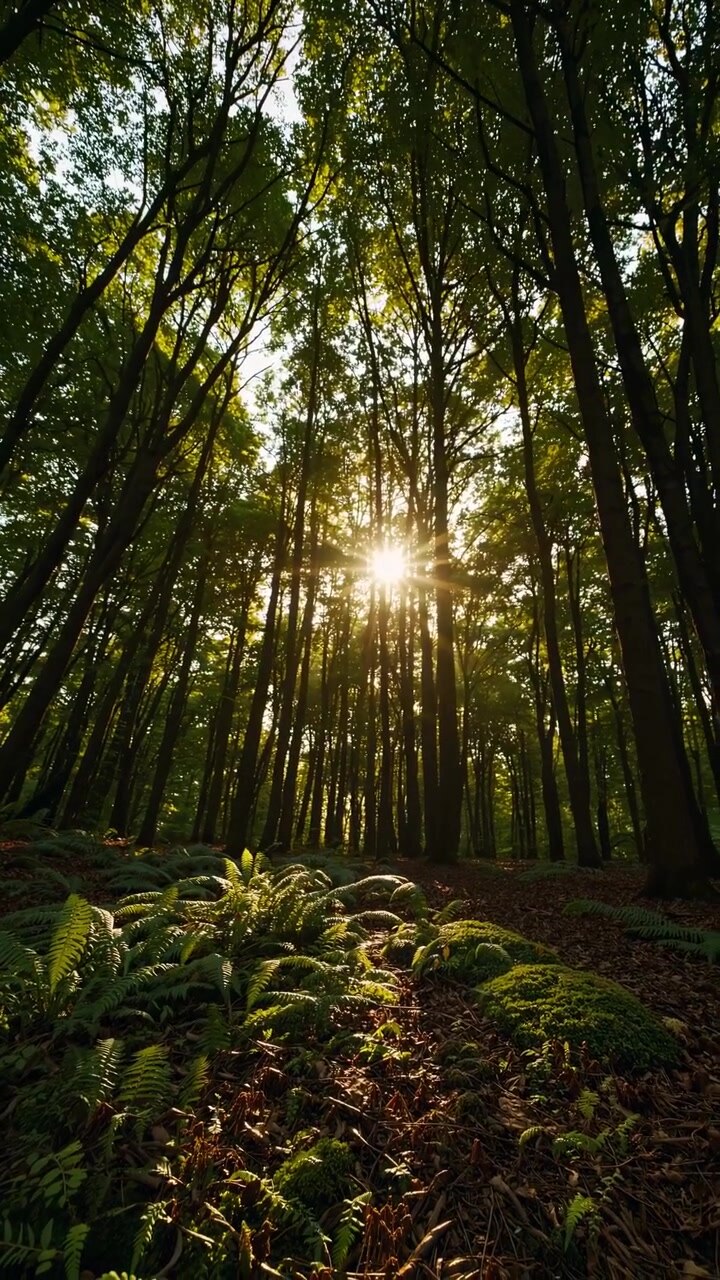 La luce del sole attraversa gli alberi in una foresta lussureggiante