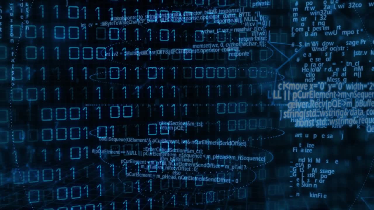 Cam panning and depth shifting revealing binary grid, code fading and streams sliding, showing flow
