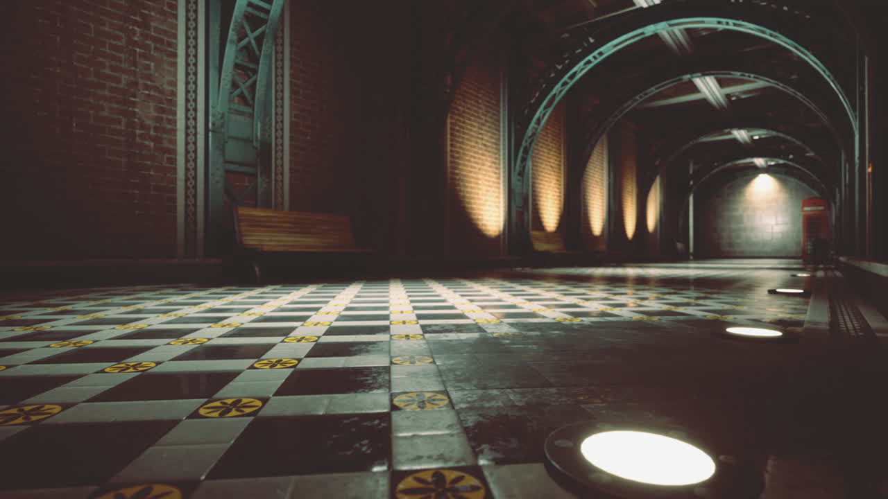 Underground corridor with patterned tiles and soft lighting in urban space
