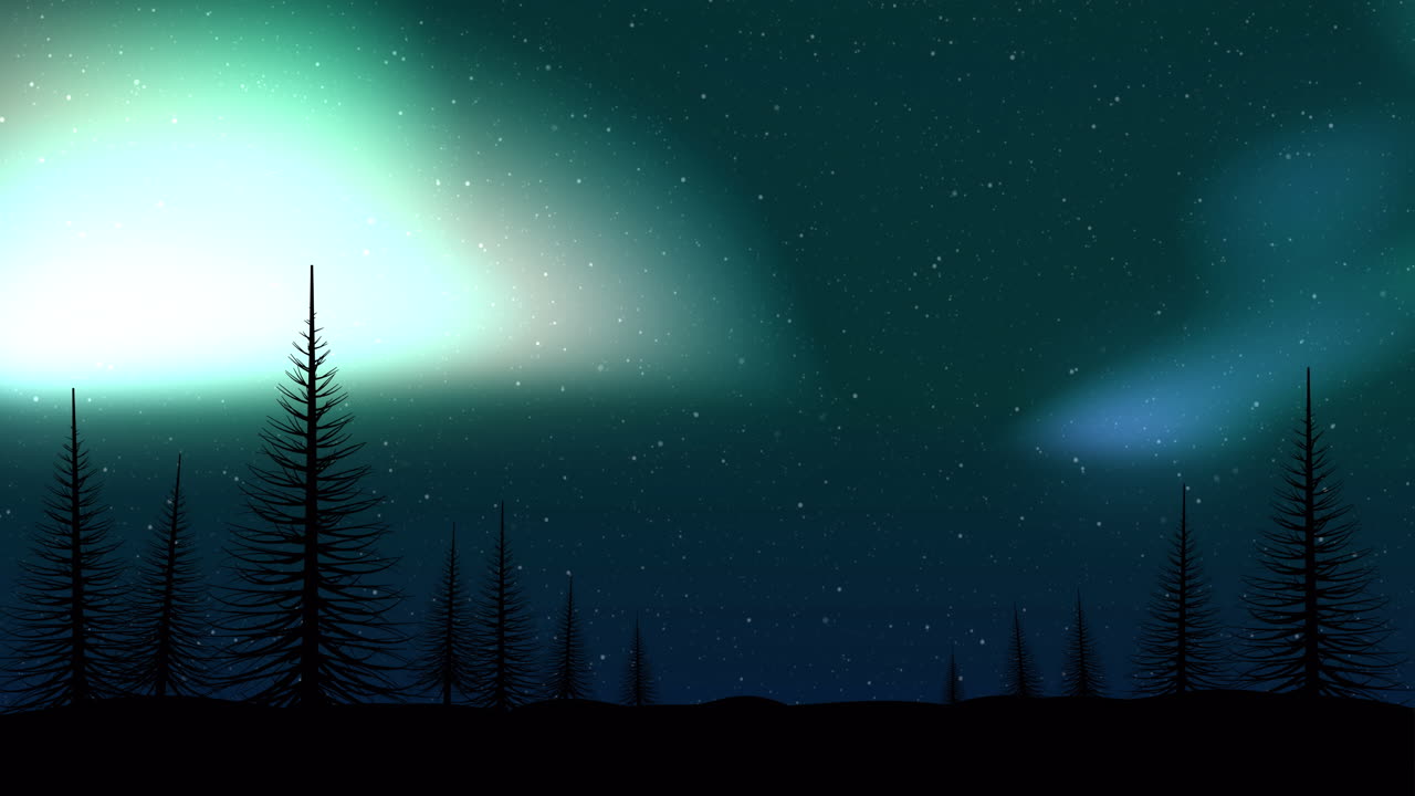 animación de la aurora boreal brillando sobre las siluetas de los abetos