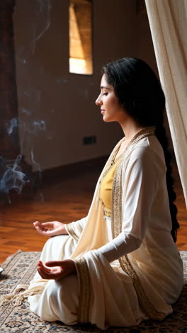 woman meditating with incense