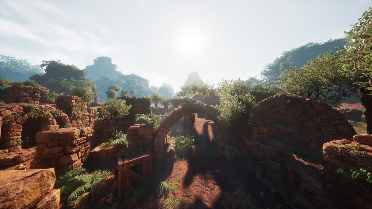 Ancient ruins bathed in sunlight with lush greenery and a blue sky