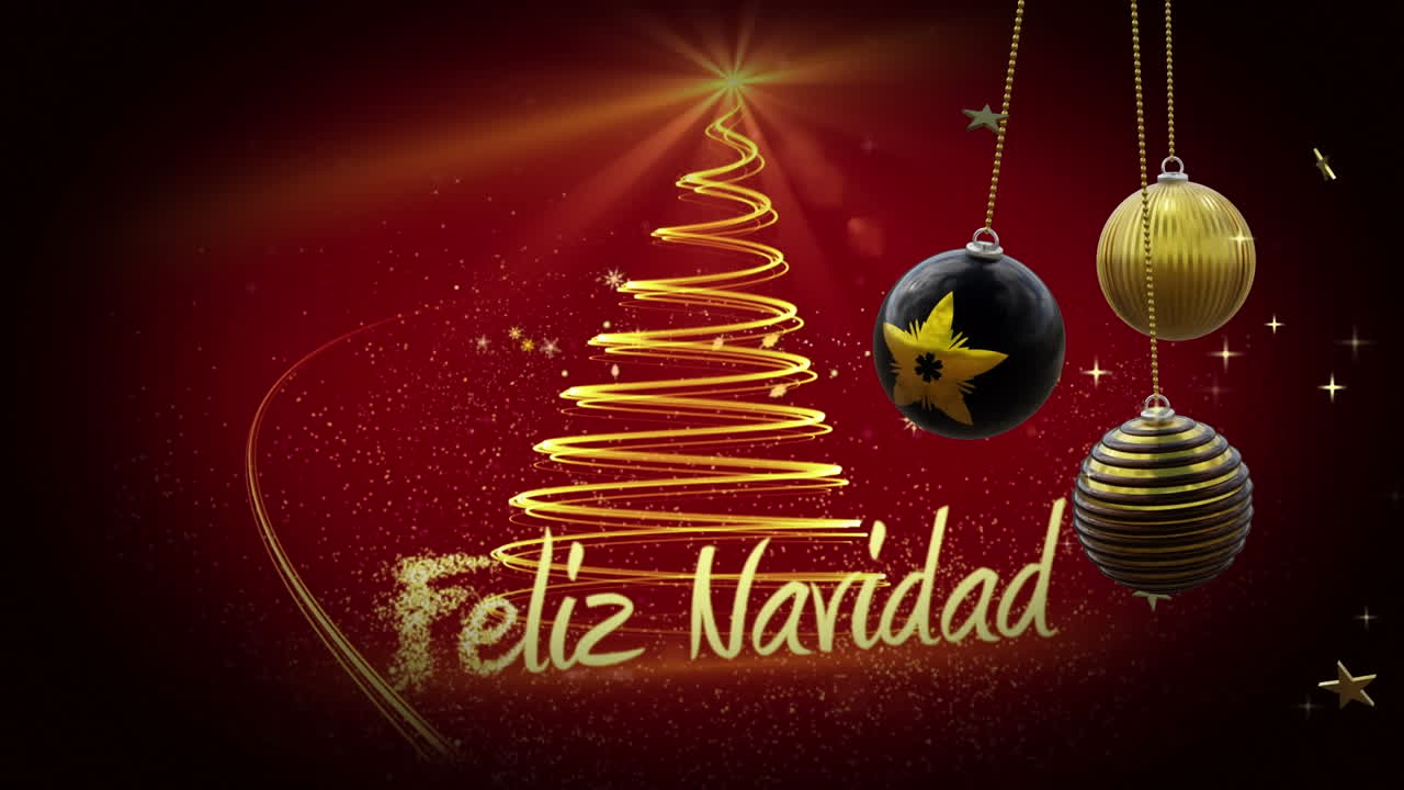 bolas de navidad negras y doradas, estrella fugaz en espiral y texto de feliz navidad en brillo rojo