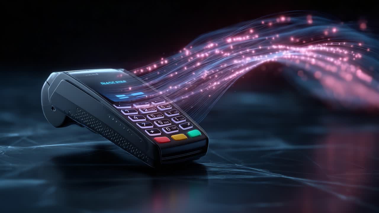 Innovative Payment Terminal with Dynamic Visual Effects Showcasing Modern Transaction Technology in a Dark Environment
