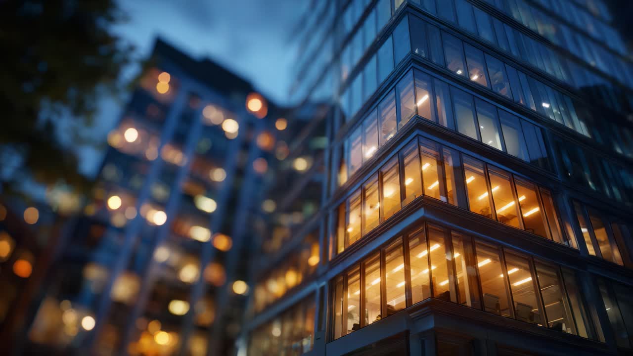 Iluminação surpreendente na arquitetura urbana moderna: capturando a vista noturna de edifícios de escritórios contemporâneos iluminados contra o céu noturno