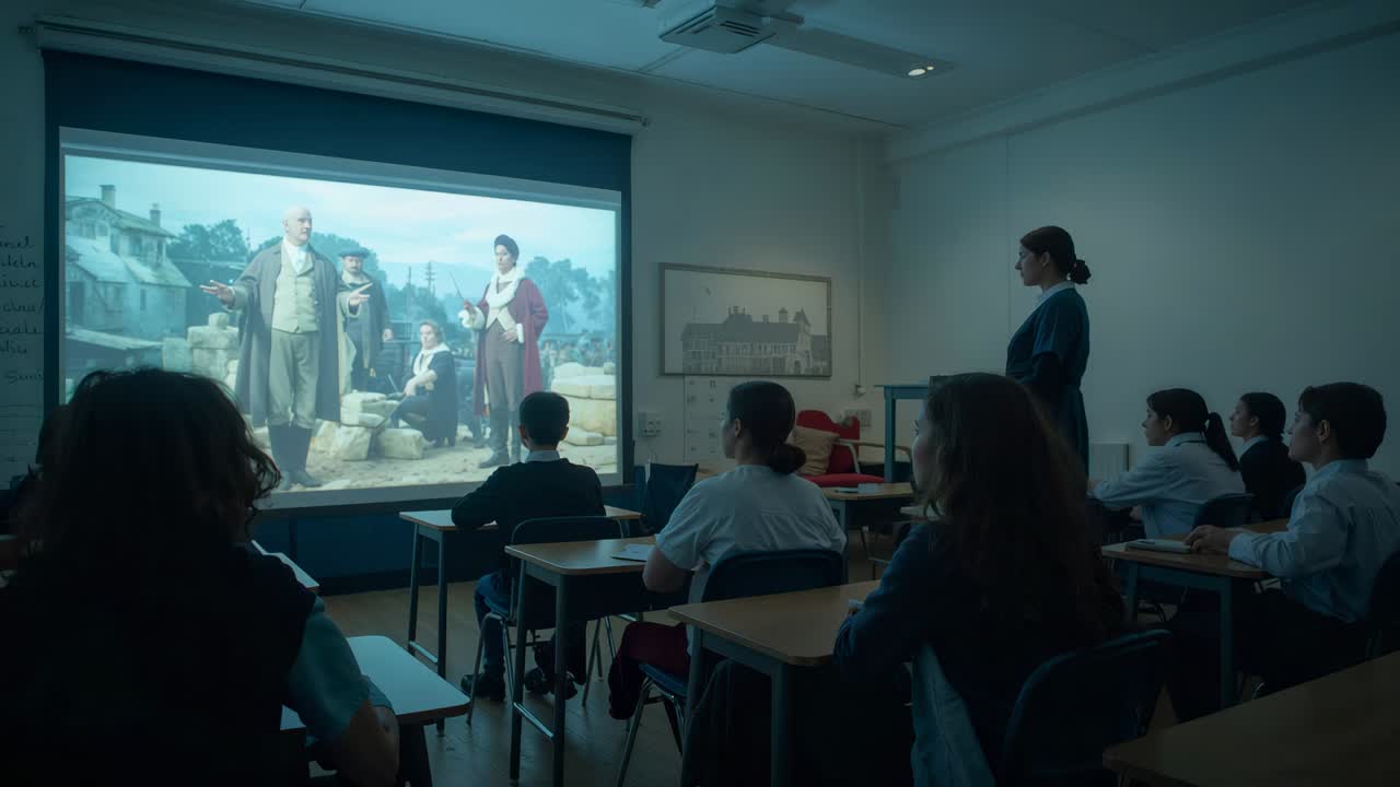 Projector starting, teacher, students watching projection in classroom for lesson, wearing uniforms