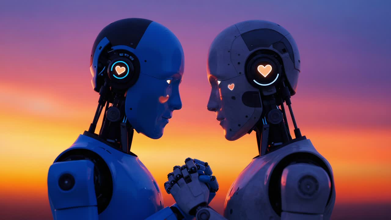 A Heartfelt Connection: Two Robots Sharing an Emotional Moment Against a Stunning Sunset Background