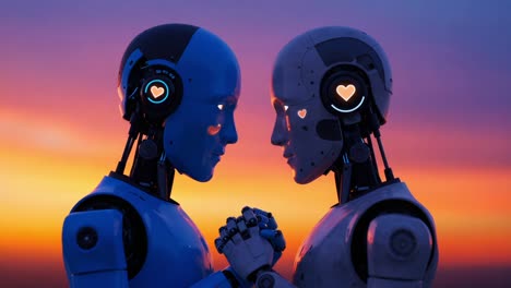 a heartfelt connection: two robots sharing an emotional moment against a stunning sunset background