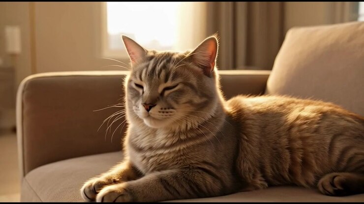 Tabby Cat Resting on a Sofa in a Sunlit Living Room