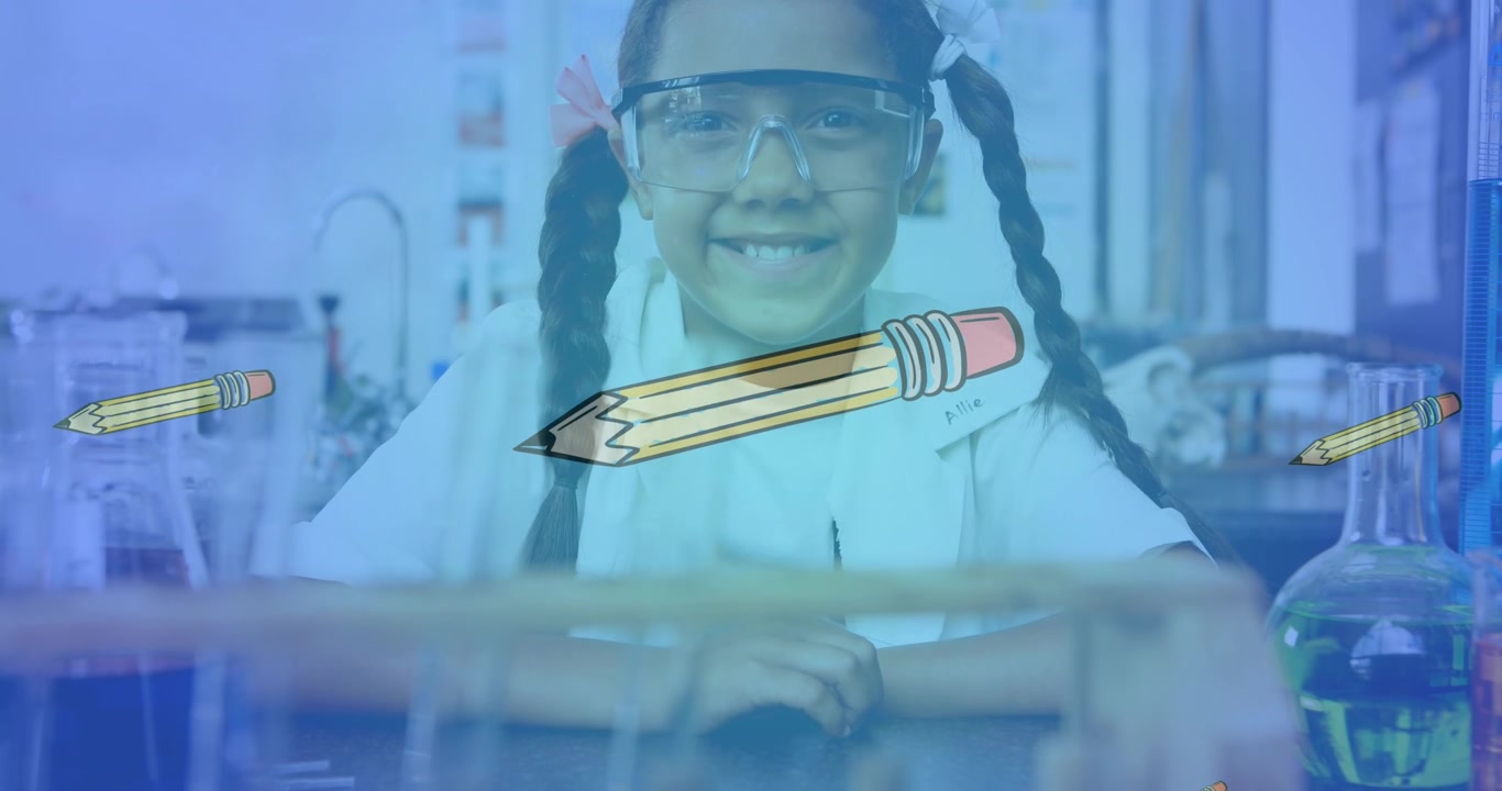 Animation of pencil icons over girl smiling in lab