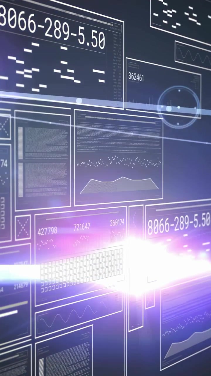 Vertikal video: Datastrøm ankommer, datavegg fyller paneler og animerer HUD-ringer for teknologi.