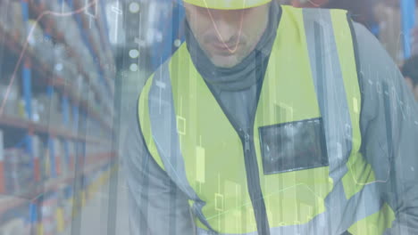 animación de estadísticas y procesamiento de datos financieros sobre el hombre que trabaja en el almacén