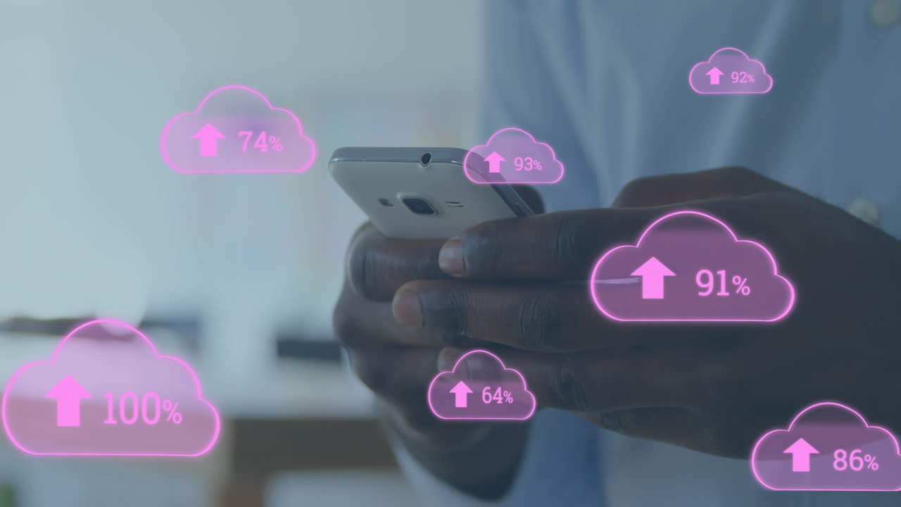 animación de múltiples iconos de carga de datos en la nube contra la sección media de un hombre usando un teléfono inteligente en casa
