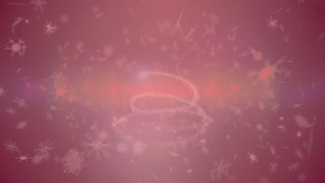 animation of snow falling and star creating christmas tree over background with red filter