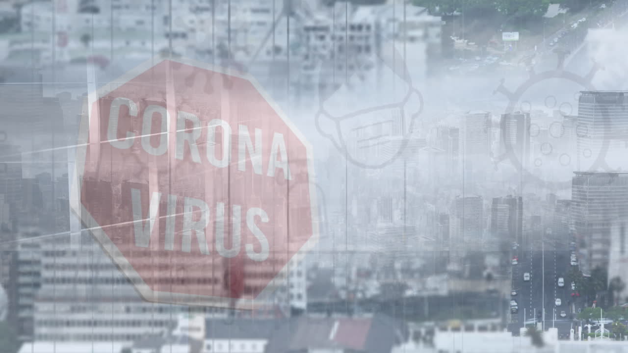 도시 풍경 위의 코로나 바이러스 금지 표지판의 애니메이션