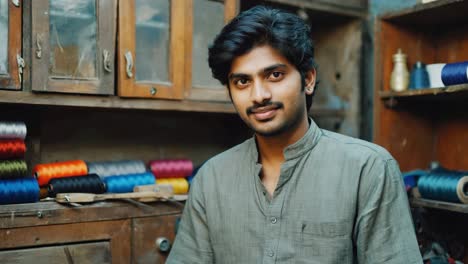young tailor smiling in a vibrant workshop filled with colorful spools of thread, embodying the spirit of a small family business dedicated to traditional craftsmanship and handmade garments