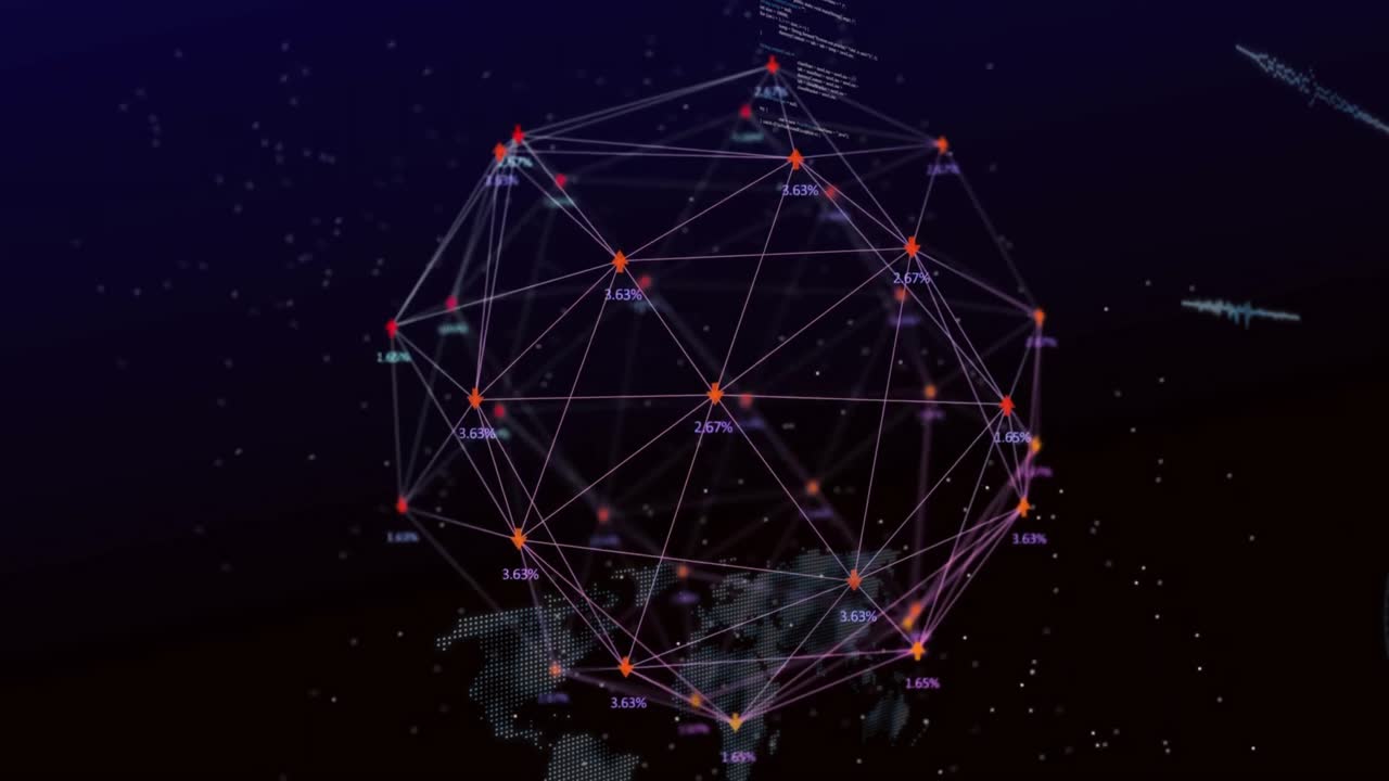 Ved oppstart roterer en geodetisk sfære mens bølgeformer, kodeblokker og skiver glir og representerer nettverk