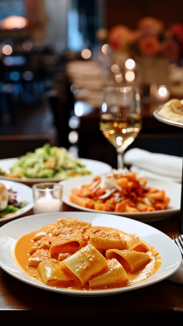 Mesa con varios platos de pasta, ensalada y vino en un restaurante. Platos de diferentes platos de pasta y ensalada sobre una mesa con una copa de vino cerca