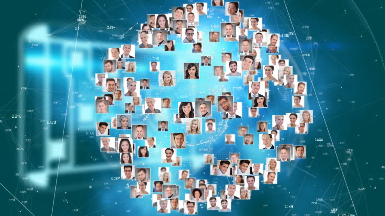Animazione di diverse icone di persone su un globo e elaborazione di dati