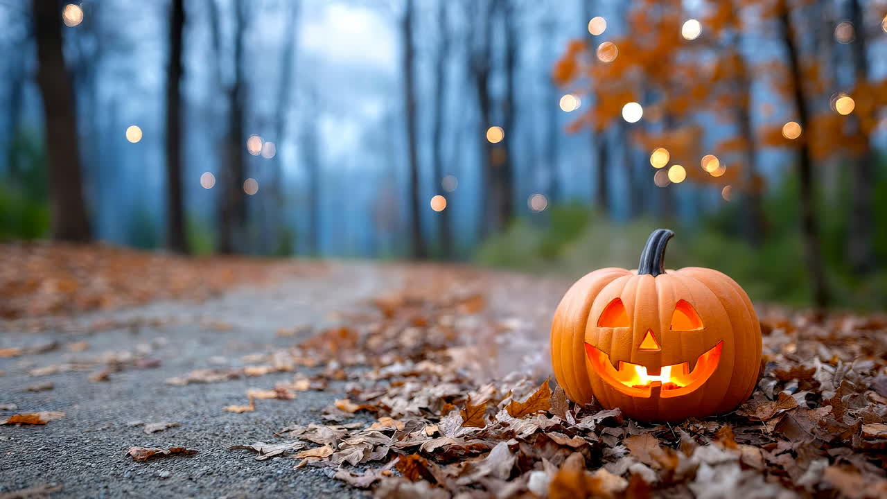Jack-o'-lantern on a foggy autumn path. A bright jack-o'-lantern sits among fallen leaves on a quiet path in a foggy forest during autumn