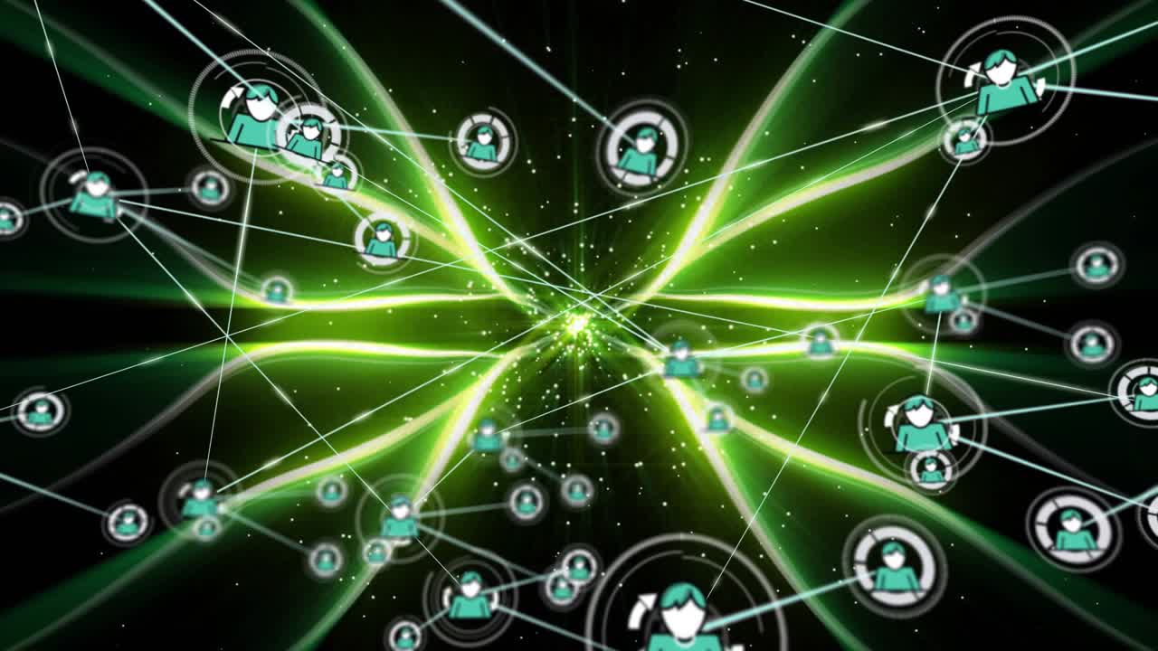 White particles appearing in void green ribbons sweeping avatars emerging linking network growth