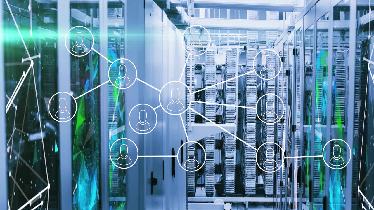 Server racks lining aisle with user-node icons connecting equipment and 3D shapes hovering