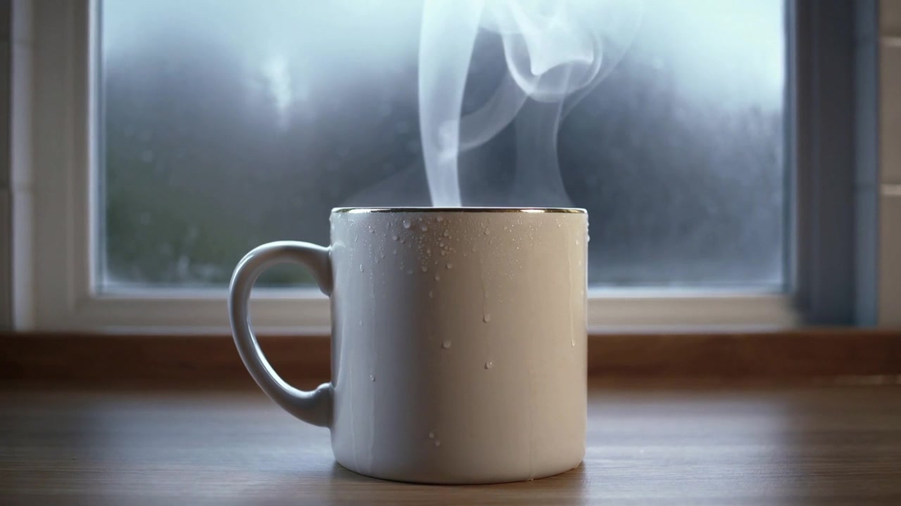 Tazza di ceramica bianca che emette vapore che sale a spirale dopo essere stata versata sul davanzale di casa, con liquido che si raffredda