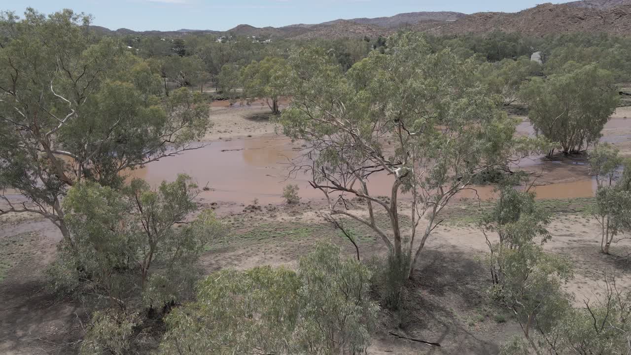Trees At Todd River With Muddy Water Near Alice Springs (Mparntwe) At Northern Territory, Australia. - aerial