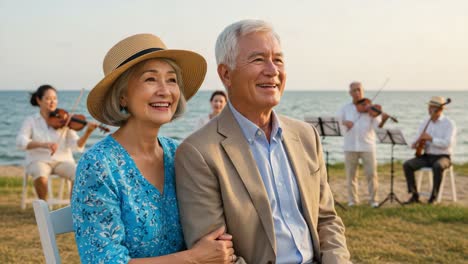 joyful couple enjoying a serene outdoor concert by the water, surrounded by musicians playing violins and creating a memorable experience together