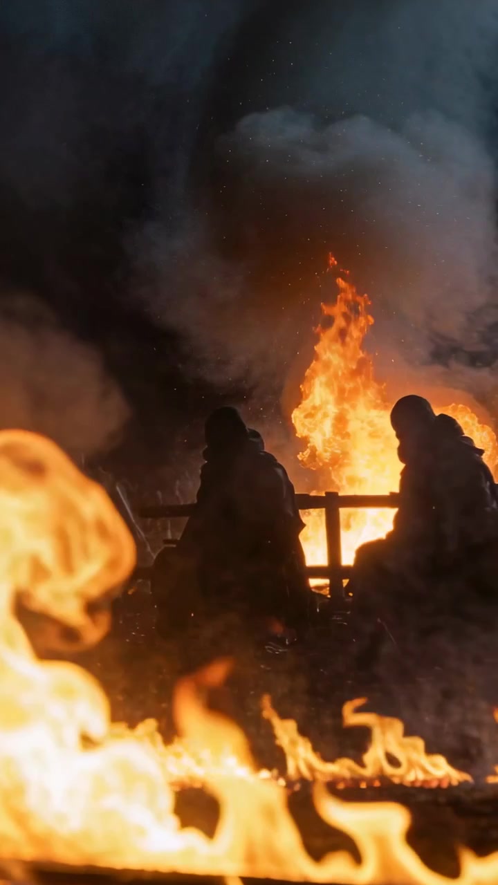 Video verticale: Due figure incappucciate sedute che si scaldano su una ringhiera di notte, mentre le fiamme divampano e il fumo sale.