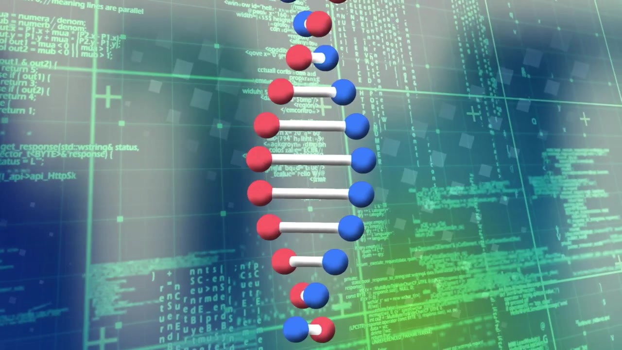 Rotating DNA Helix Model Over Digital Programming Code Background