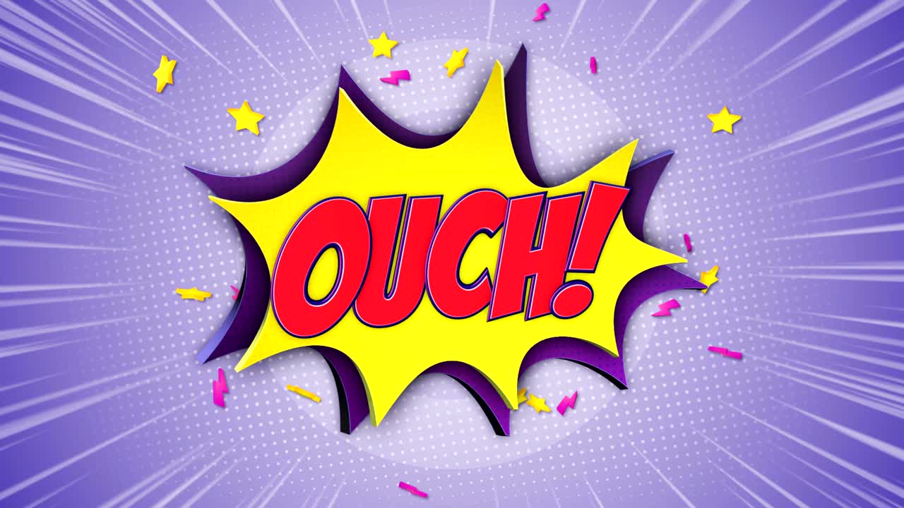 ouch texto cómico y animación de globo de habla, con alfa mate, bucle