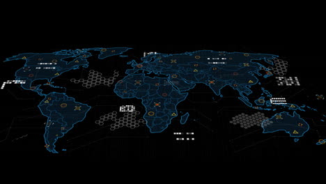 showing animation of digital world map with data points on black background