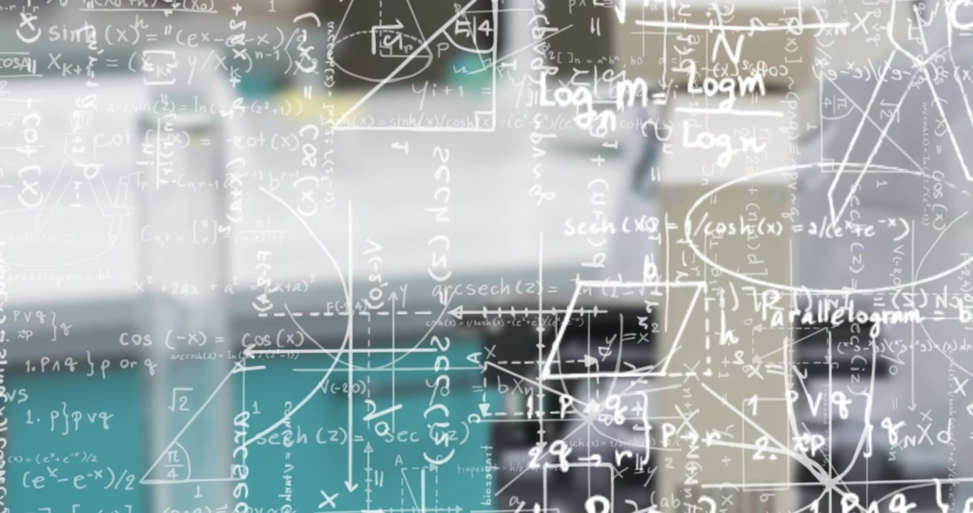 Mathematical Formulas and Equations Overlaying a Laboratory Setting