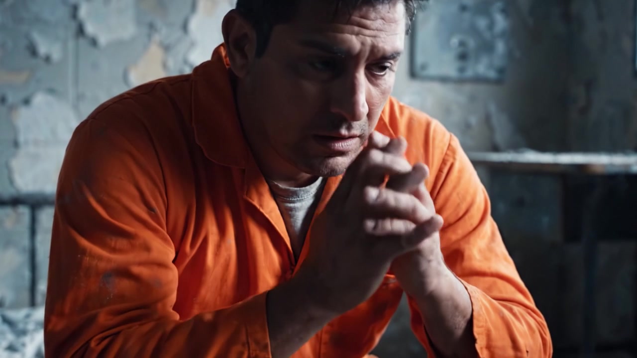 Um detento contemplativo em luto: Expressando resignação e desespero atrás das grades em um ambiente prisional dilapidado
