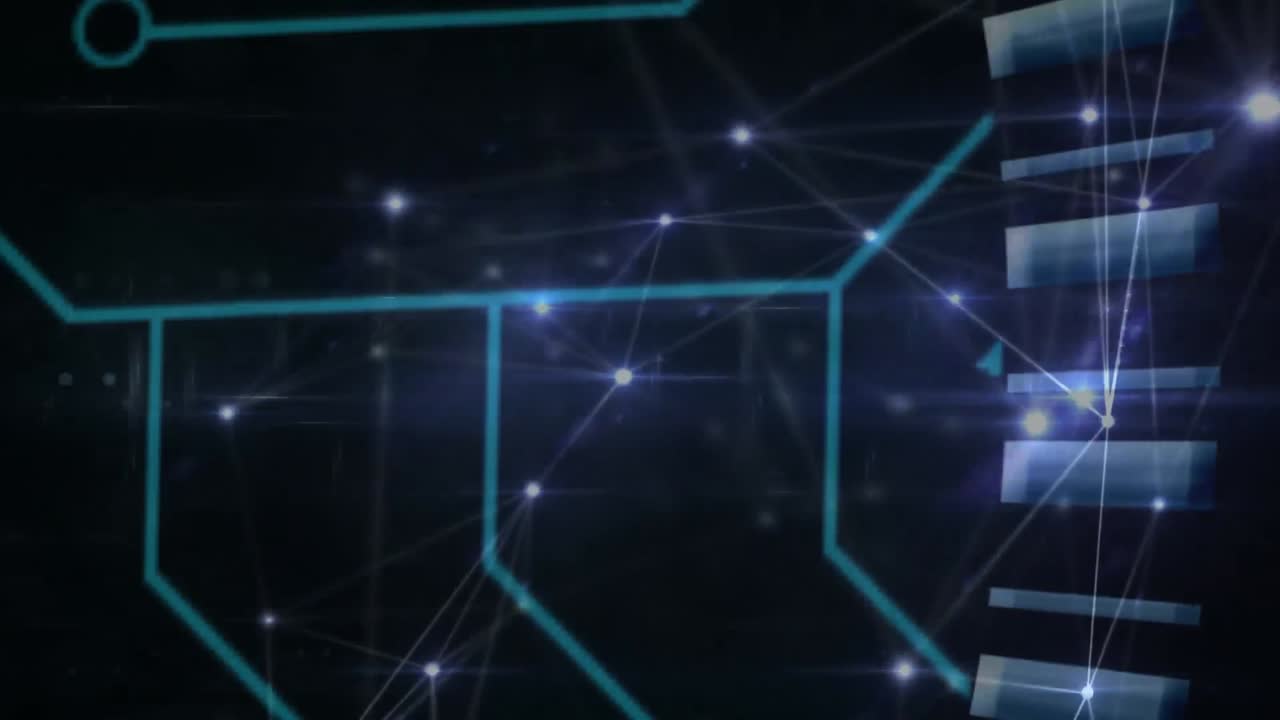 animación de redes de conexiones sobre formas azules sobre fondo negro
