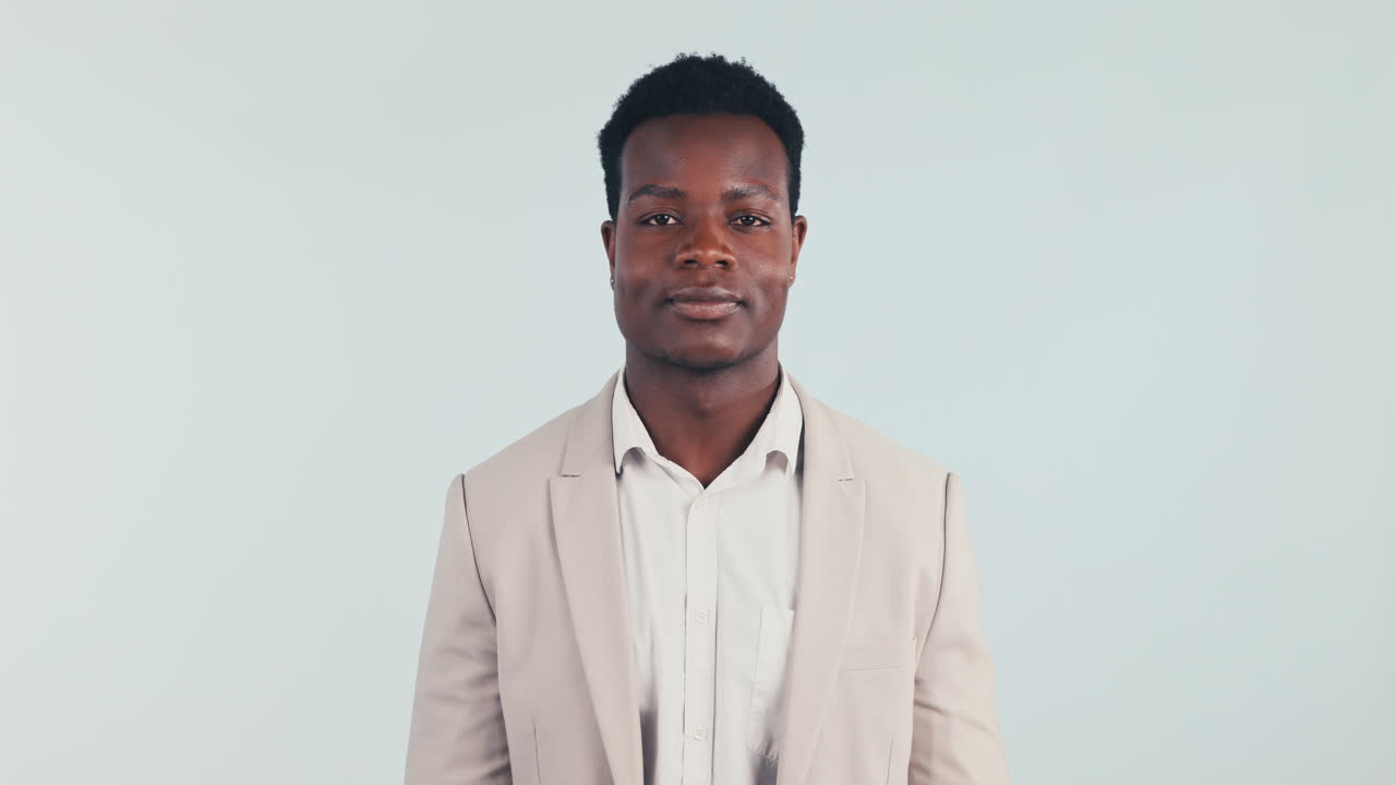 Choice, face and happy black man in studio