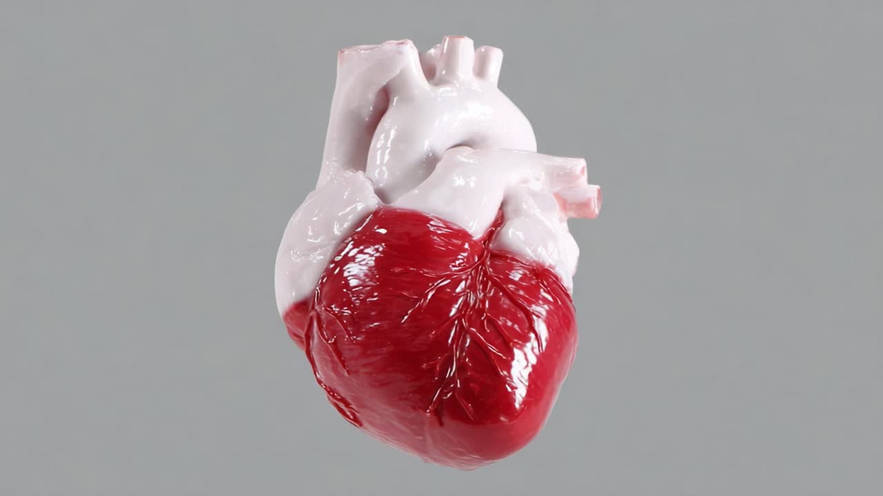 Detailed Anatomical Model of the Human Heart Displayed on a Neutral Background Showcasing Vascular Structures in Red and White for Educational Purposes