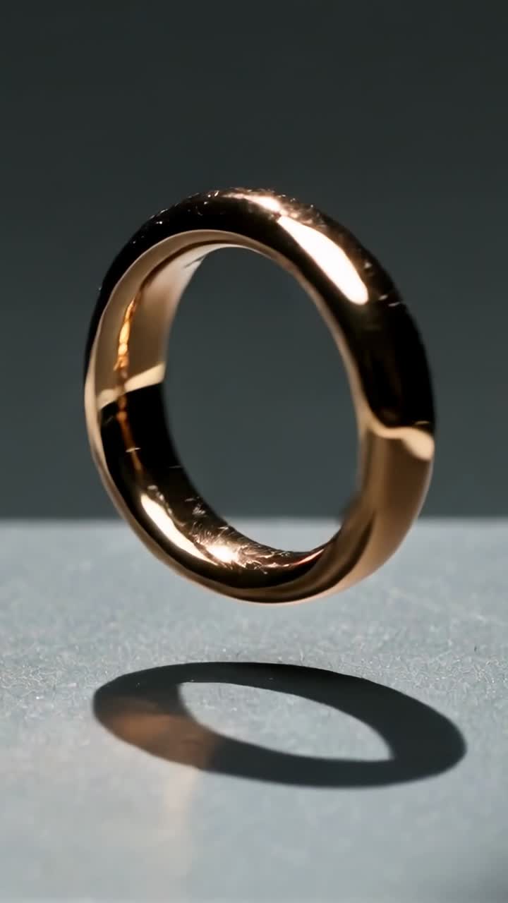 Video verticale: Anello d'oro lucido che ruota e si inclina lentamente sopra un tavolo grigio, catturando un bagliore speculare.