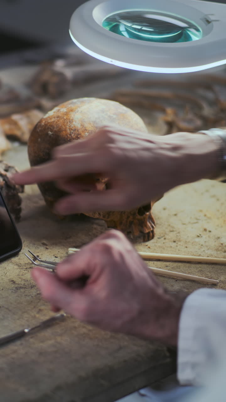 antropólogo examinando un cráneo en un laboratorio