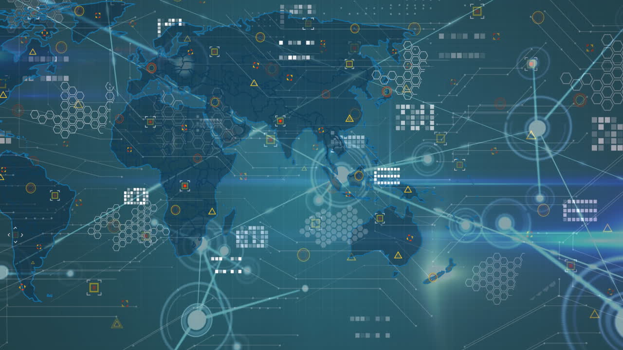 세계 지도 위의 연결망의 애니메이션과 파란색 배경의 파란색 빛 트레일