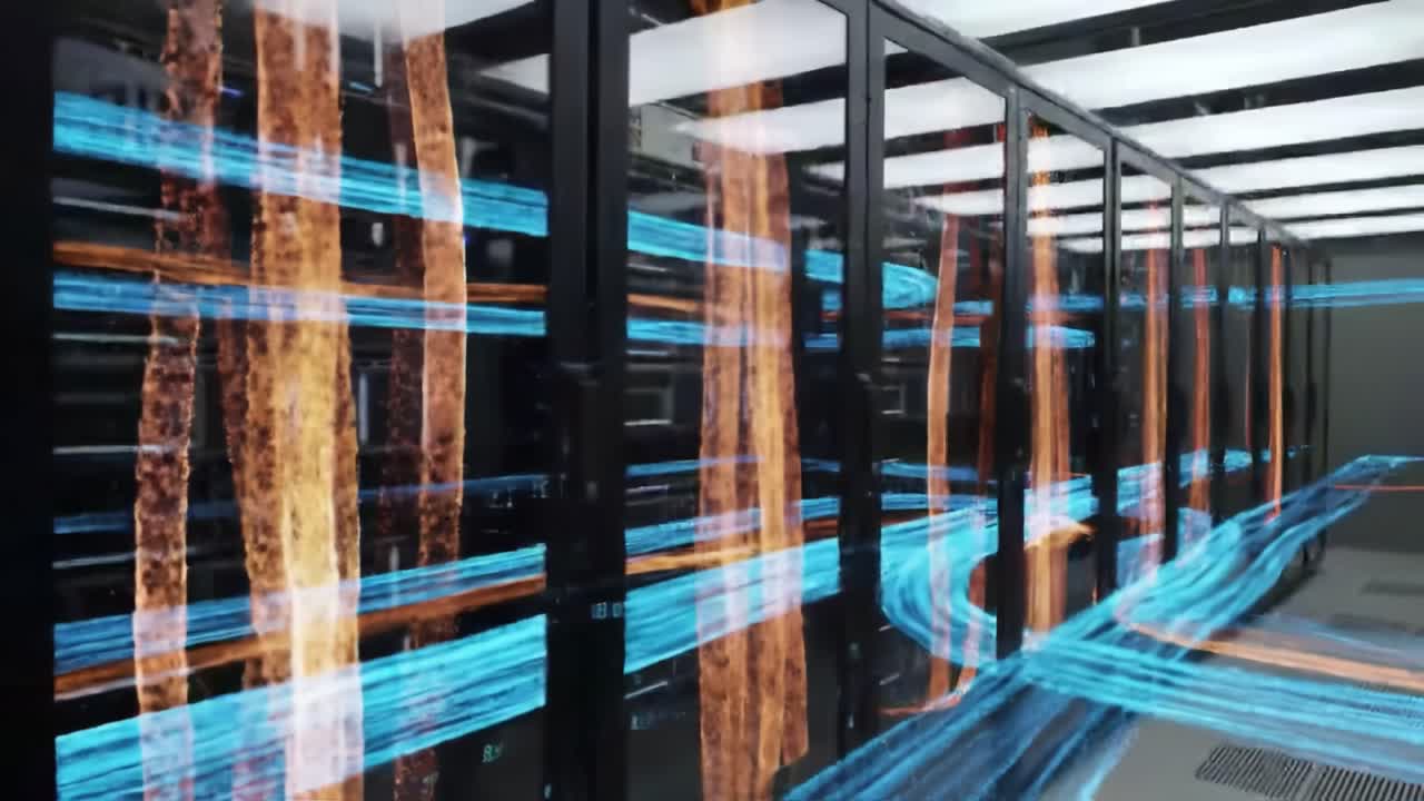 Experience the innovative use of visual effects representing data movement in a cutting-edge data center. This showcases advanced technology and infrastructure design aimed at optimizing performance.