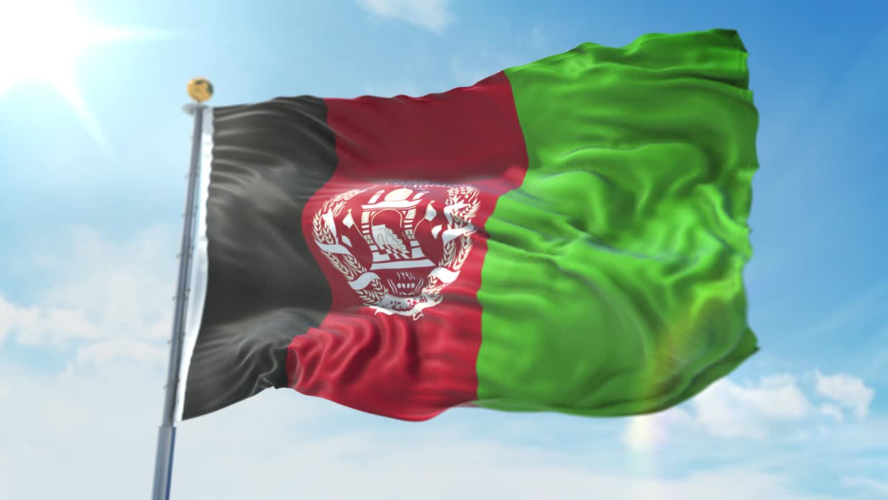 깊은 파란 하늘을 배경으로 바람에 흔들리는 아프가니스탄 발, 국가 테마, 국제 개념, 3d 렌더링, 시엄리스 루프, 4k