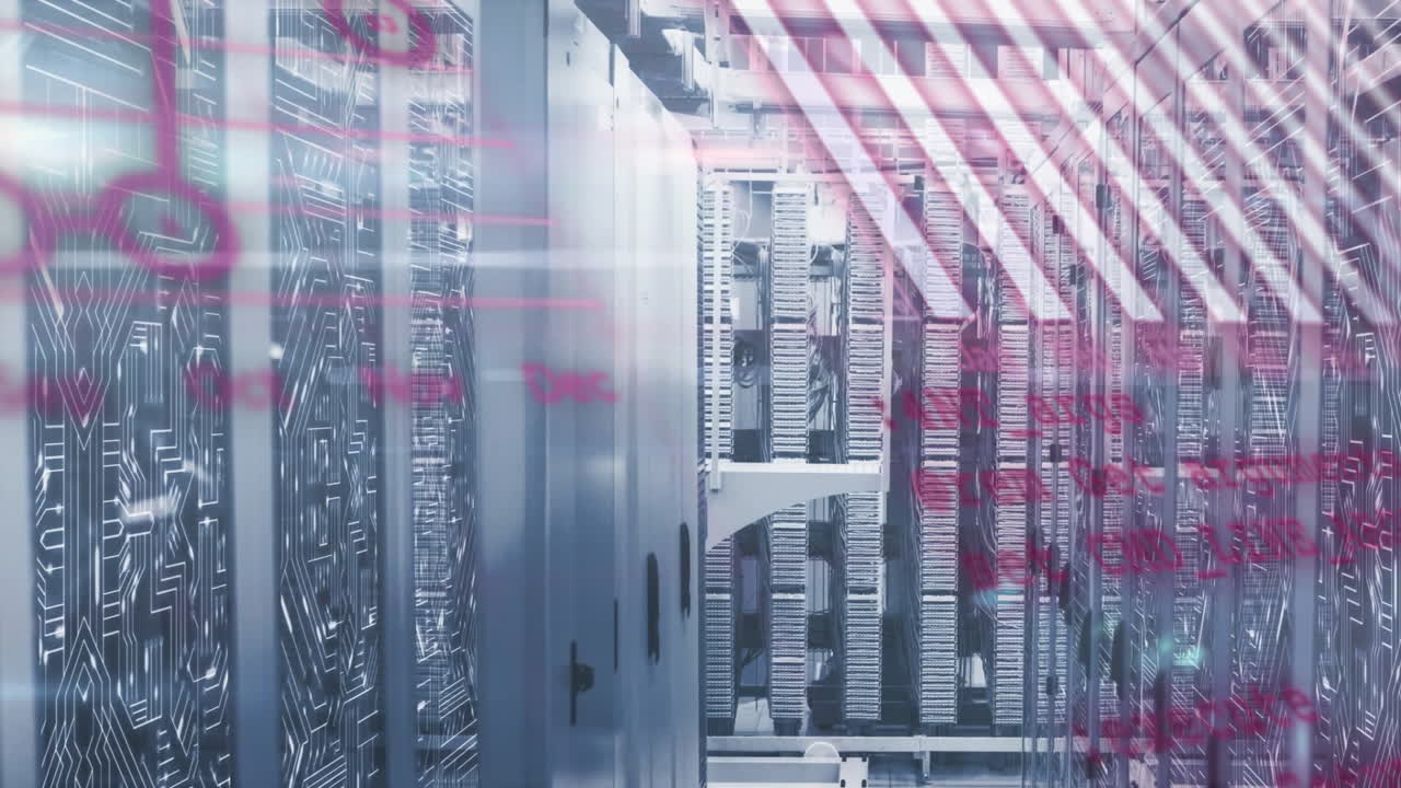 Processing data over server racks in data center, animated visualization