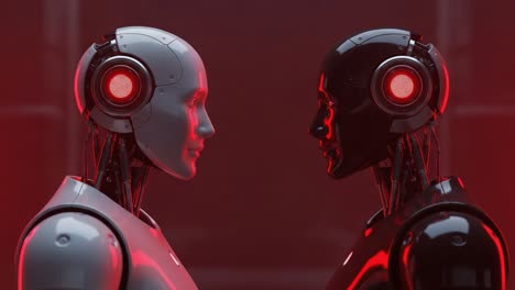 a captivating encounter between two distinct robots: exploring the contrast of their designs and features in a futuristic setting enhanced by striking red lighting