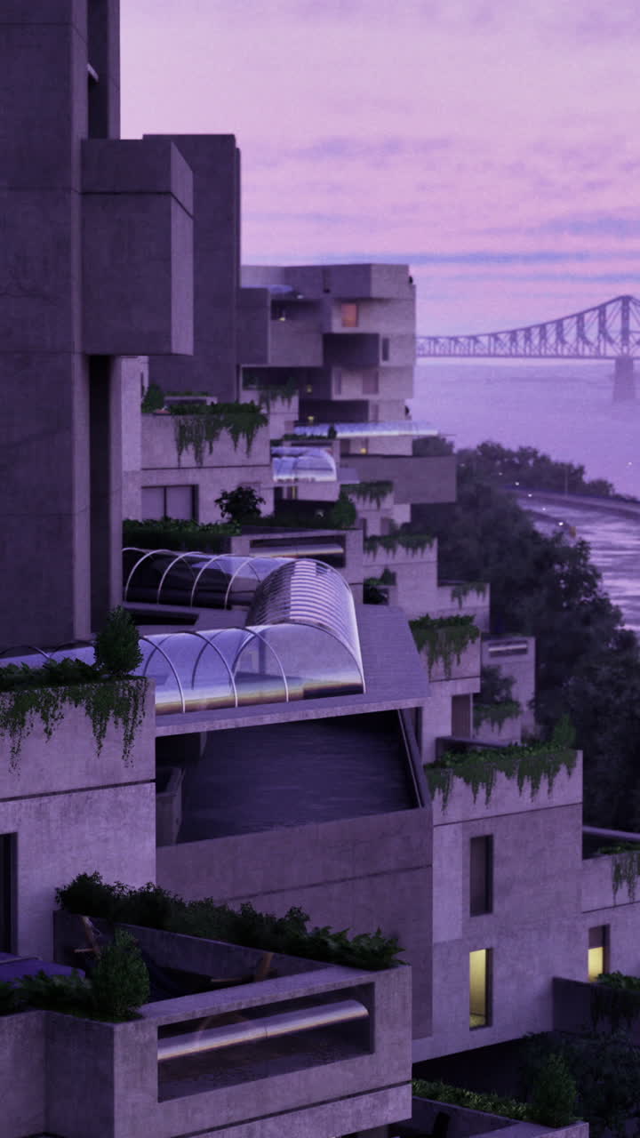 Modern architecture along a riverside promenade at dusk in a vibrant city